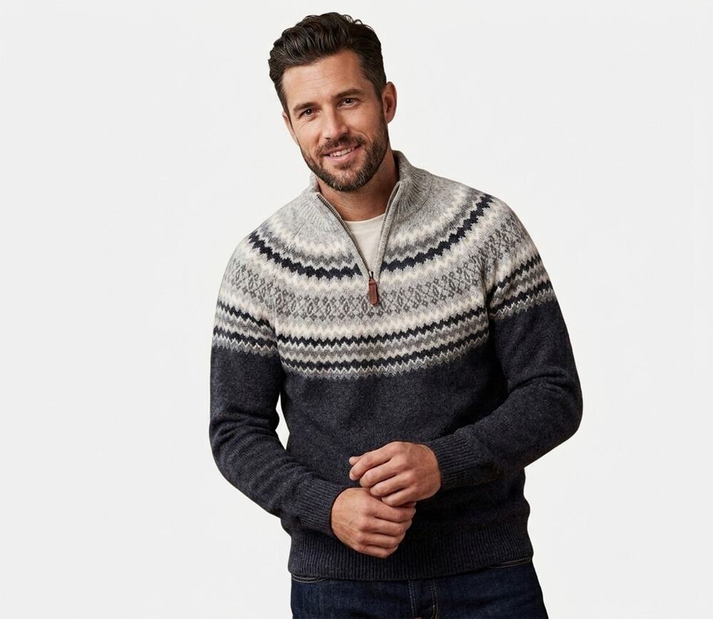 Saltwell England Sweater Mens Large Navy Fair Isle Nordic Wool Quarter Zip NWT